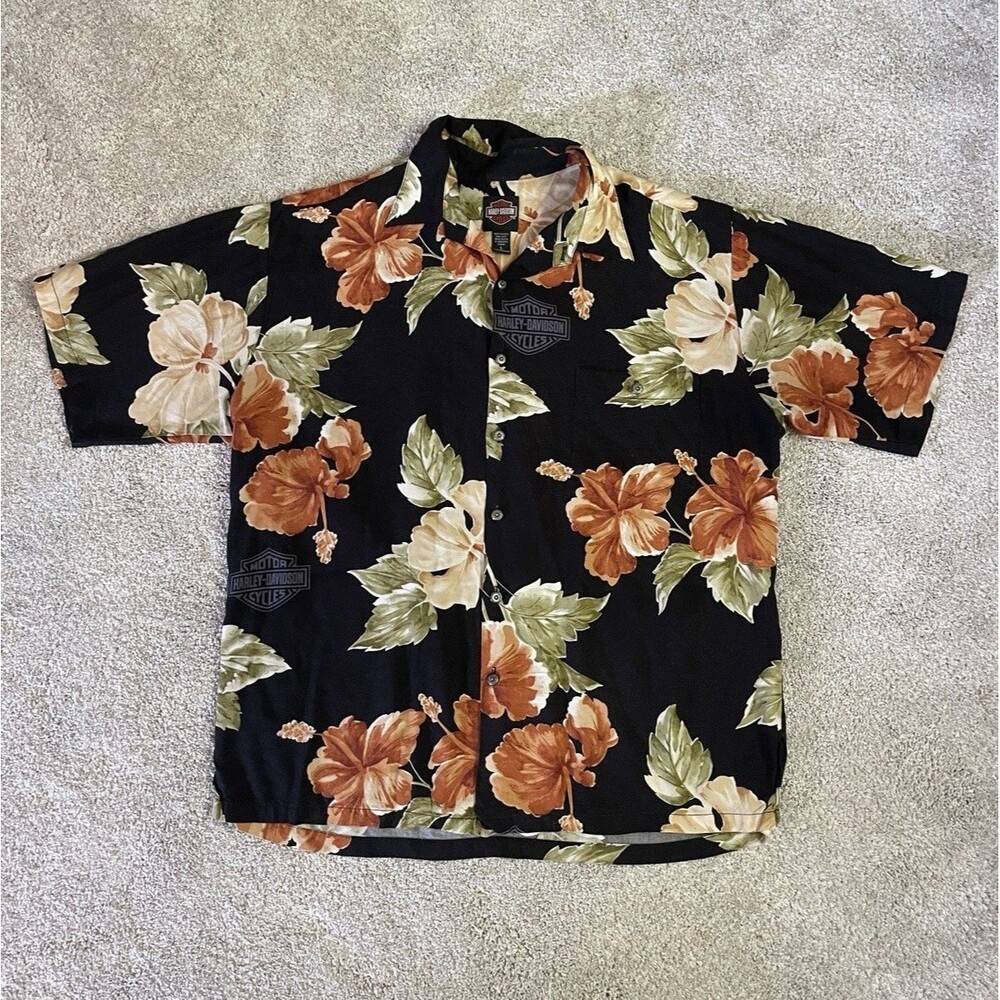 VTG Harley Davidson Tori Richard Hawaiian Shirt Mens M Black Floral USA Aloha